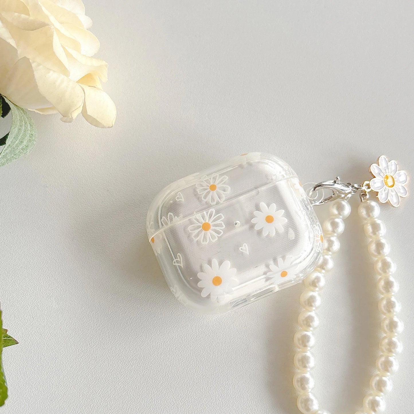 case for AirPods1&2, AirPods3, AirPods pro and pro2. TPU flower pattern earphone cover with imitation pearl chain